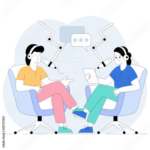Two female podcasters at interview setup sharing thoughts concept, Engaging informal discussions for casual listeners vector design, Podcast slice-of-life journalism scene, Web television series stock