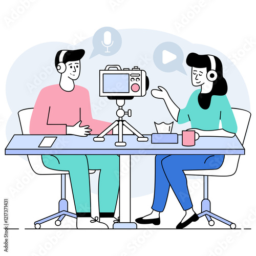Transforming raw recordings into polished episodes concept, interviewing through TV screen vector design, Podcast slice-of-life journalism scene, Web television series banner vodcast or audio blogging