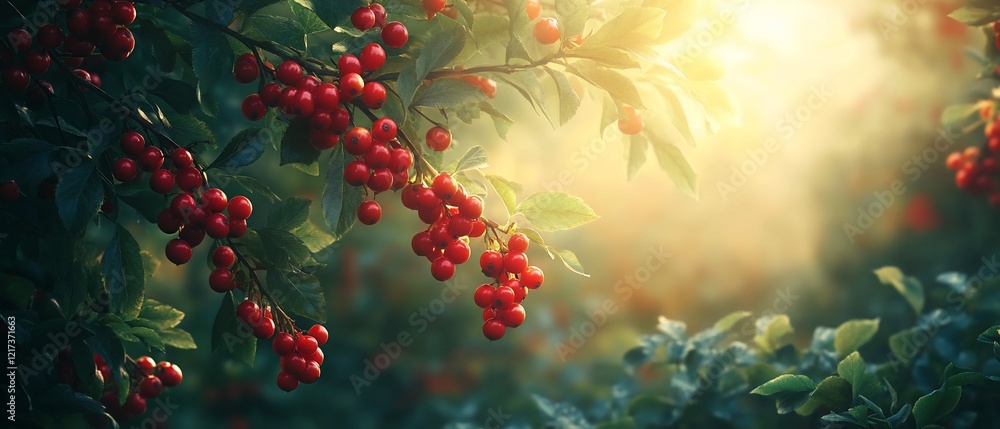 Sunlit red berries on branch, garden background, autumn harvest Sunlit red berries on branch, garden background, autumn harvest