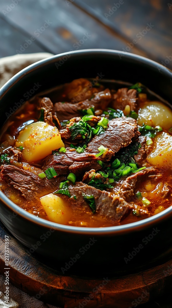 Tteokguk served with tender slices of beef brisket, capturing its hearty and comforting nature Tteokguk served with tender slices of beef brisket, capturing its hearty and comforting nature