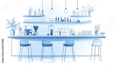 Empty cafe bar, light blue line drawing, interior design sketch photo