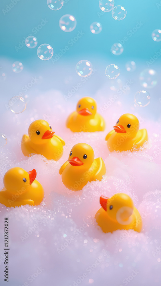 Group of adorable yellow rubber duckies floating in a tub filled with colorful bubbles, yellow, soft focus, cute Group of adorable yellow rubber duckies floating in a tub filled with colorful bubbles, yellow, soft focus, cute