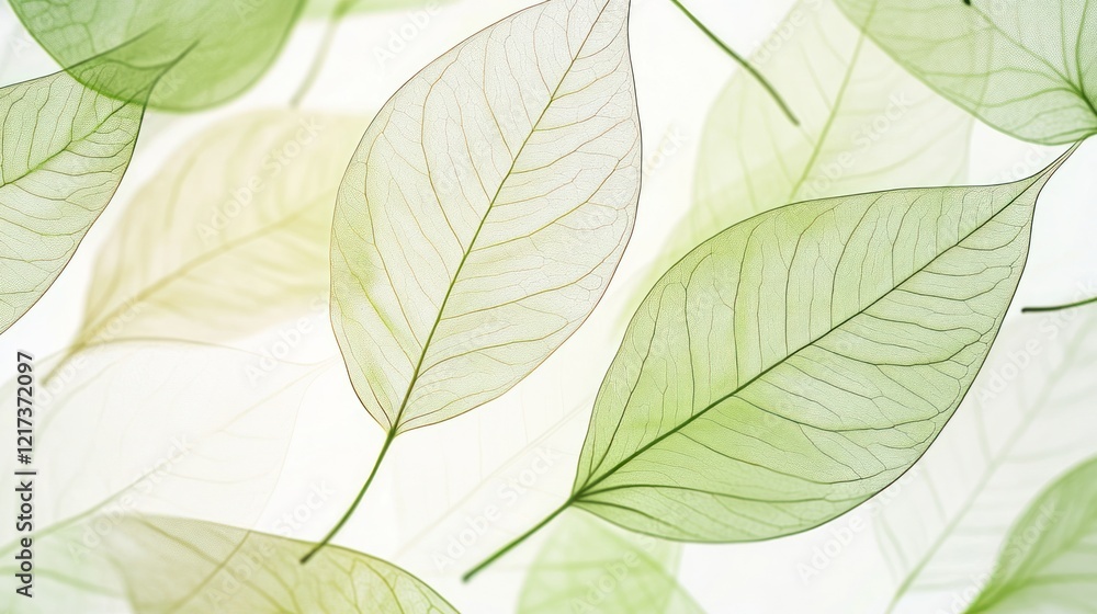 Fototapeta premium Translucent green leaves on white background.