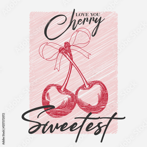 cherry hand-drawn illustration, girls food fashion graphic prints for cherries fruit, cherry cool slogan print for tee, Vector illustration, funny cute t-shirt pattern, funny vintage food fashion