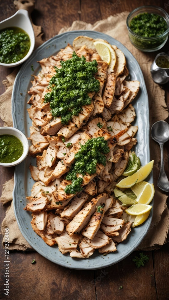 Grilled Chichulin tripe served on a plate with chimichurri sauce, zesty, tangy, appetizing Grilled Chichulin tripe served on a plate with chimichurri sauce, zesty, tangy, appetizing