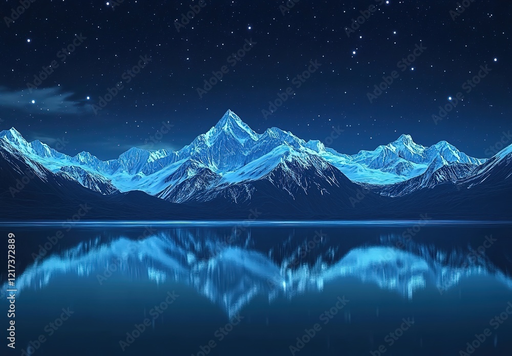 Fototapeta premium A serene night scene of snow-capped mountains under the starry sky, reflecting in a tranquil lake