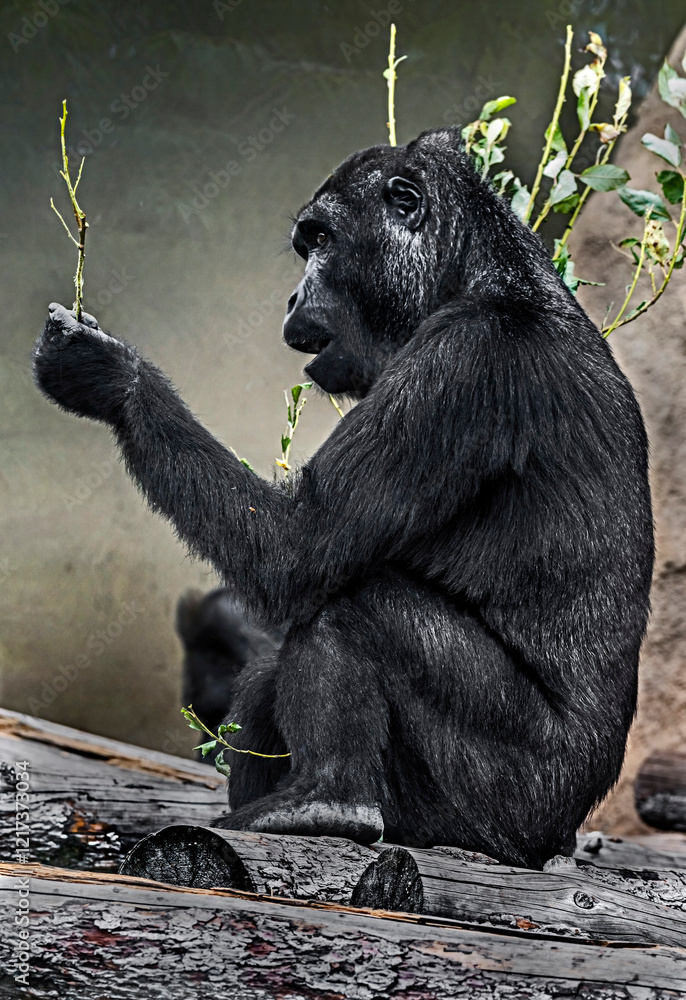 Obraz premium Young gorilla eats leaves. Latin name - Gorilla gorilla 