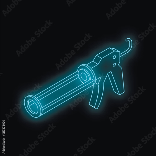 Neon blue caulking gun shining on dark background, isometric view