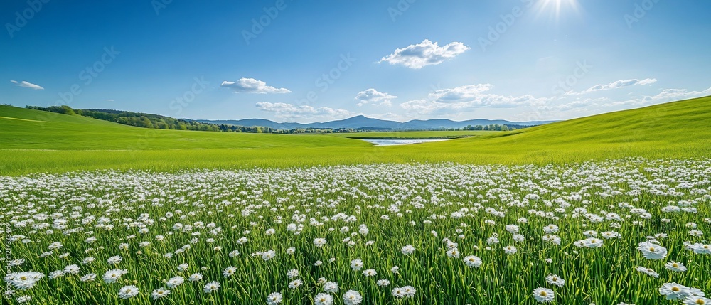 Fototapeta premium Sunny day, daisy field, rolling hills, lake. Spring nature scene