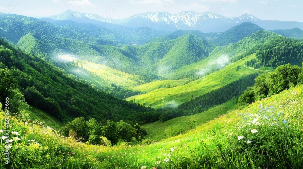 Mountain valley meadow sunrise; misty peaks; nature tourism Mountain valley meadow sunrise; misty peaks; nature tourism