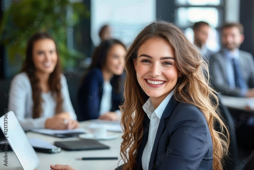 Smiling businesswoman and businessman team working together on laptop in office meeting. Smiling businesswoman and businessman team working together on laptop in office meeting.