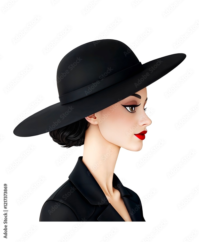 Side profile of a stylish woman in a black wide-brimmed hat and bold red lipstick, symbolizing elegance and timeless fashion. A modern, chic design for fashion or beauty-related projects Side profile of a stylish woman in a black wide-brimmed hat and bold red lipstick, symbolizing elegance and timeless fashion. A modern, chic design for fashion or beauty-related projects