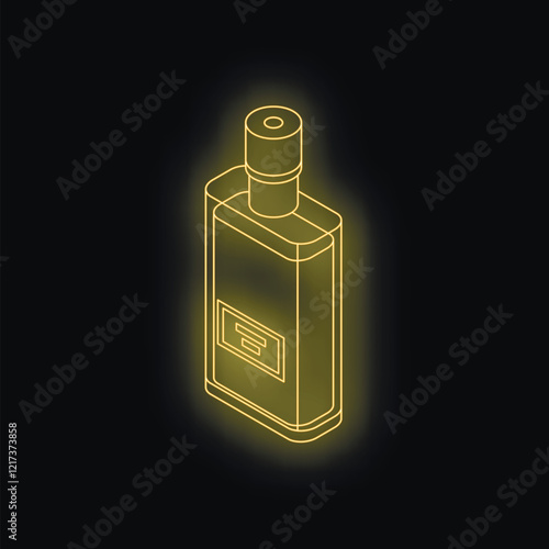 Neon yellow isometric perfume bottle shining on black background, representing luxury and fragrance