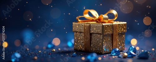 Gold gift box adorned with blue gemstones under the stars, starlight, gemstone, jewels