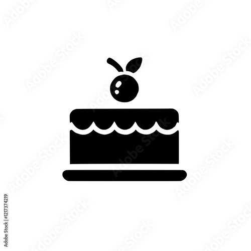 Delicious Cake Icon: A simple yet elegant black and white icon depicting a delectable cake, topped with a cherry and a leaf, perfect for bakery websites, menus, or celebratory designs. 
