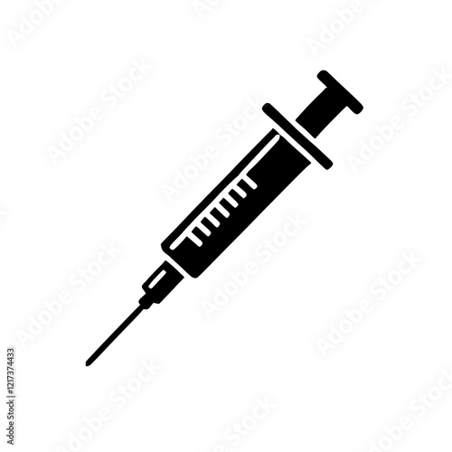 Syringe Icon: A simple, bold silhouette of a syringe, representing medical care, healthcare, and injections. Ideal for informational graphics and presentations.