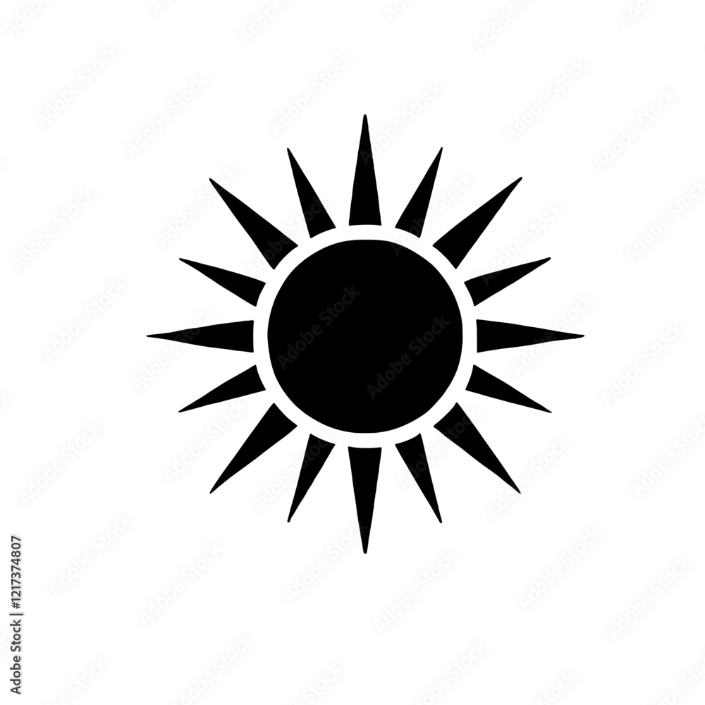 Simple Sun Icon: A minimalist black sun icon with sharp rays radiating from a central circle, symbolizing warmth, energy, and optimism. Simple Sun Icon: A minimalist black sun icon with sharp rays radiating from a central circle, symbolizing warmth, energy, and optimism.