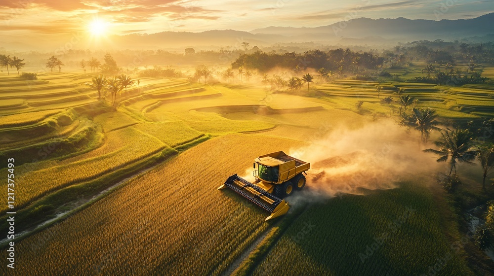 Fototapeta premium Sunrise harvest Rice paddy fields, combine harvester