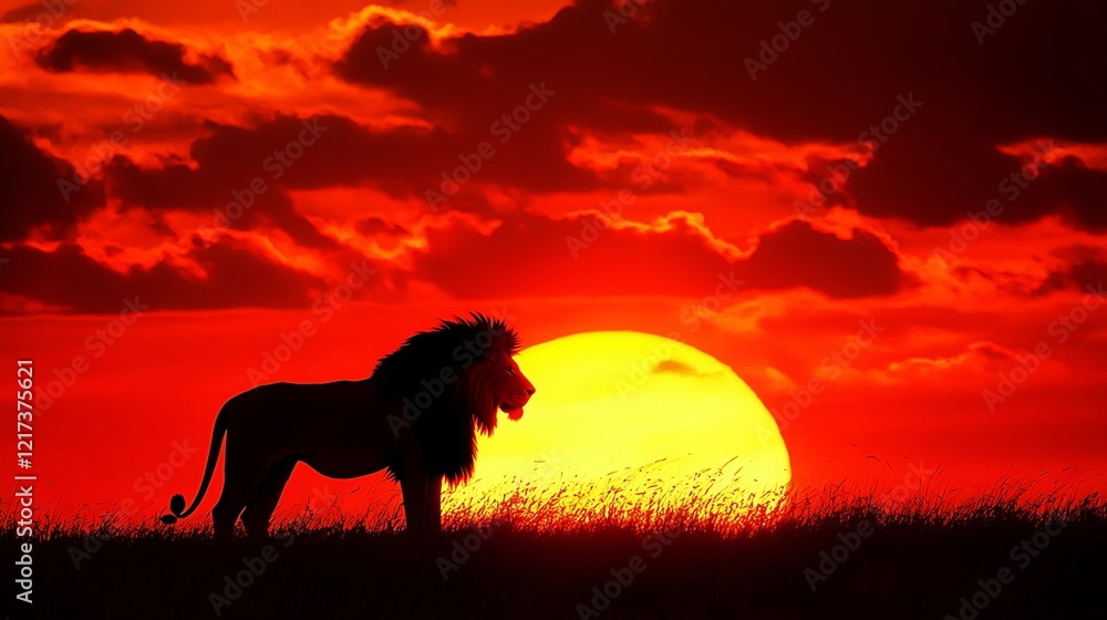 Lion in the Savannah at Sunset with a Beautiful Sky Lion in the Savannah at Sunset with a Beautiful Sky