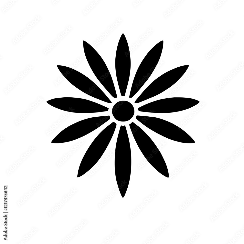 Simple Black Flower Icon: A minimalist illustration of a stylized flower with sharp petals and a solid black design, perfect for various design projects. Simple Black Flower Icon: A minimalist illustration of a stylized flower with sharp petals and a solid black design, perfect for various design projects.