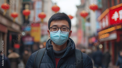 A Chinese man wearing glasses and a face mask to protect himself from pollution while traveling during the Chinese New Year festival. photo