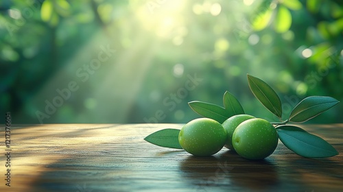 Green olives, wooden table, orchard, sunlight, food photo