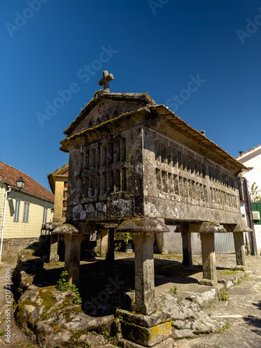 Traditional Stone Granary (Hórreo) in Galician Village
