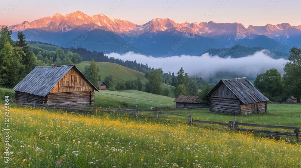 Obraz premium Sunrise mountain valley, wooden huts, wildflowers