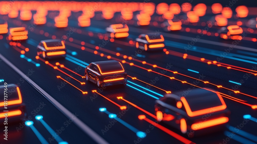 Obraz premium A futuristic scene depicting glowing cars in motion on a digital highway with vibrant orange and blue lights.
