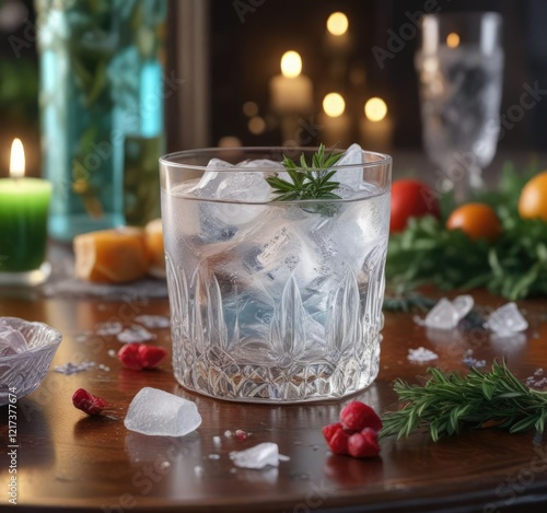 Glassy libation with frosty ice and fragrant herb sits atop ornate festive table, ornaments, festive table, festive cocktail
