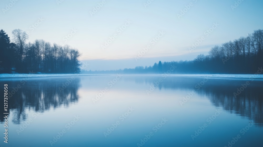 Frozen lake surface with soft focus reflecting the winter sky, ideal for nature, landscape, or winter theme usage Frozen lake surface with soft focus reflecting the winter sky, ideal for nature, landscape, or winter theme usage