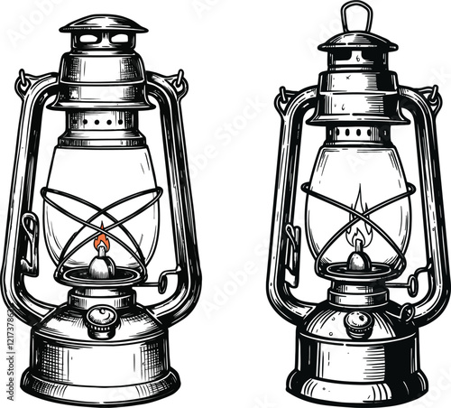 Vintage kerosene lamp illustrations in detailed line art style.