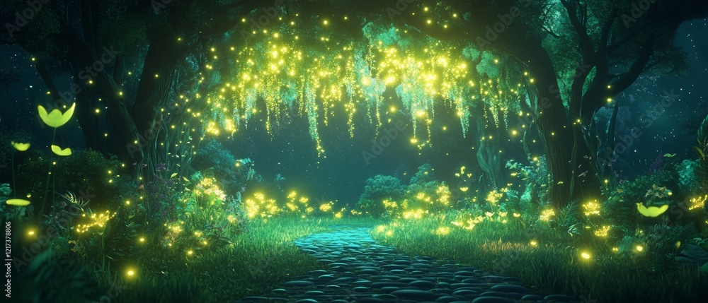 Fototapeta premium Magical bioluminescent forest with neon yellow glow and organic tech vibe for futuristic design concepts