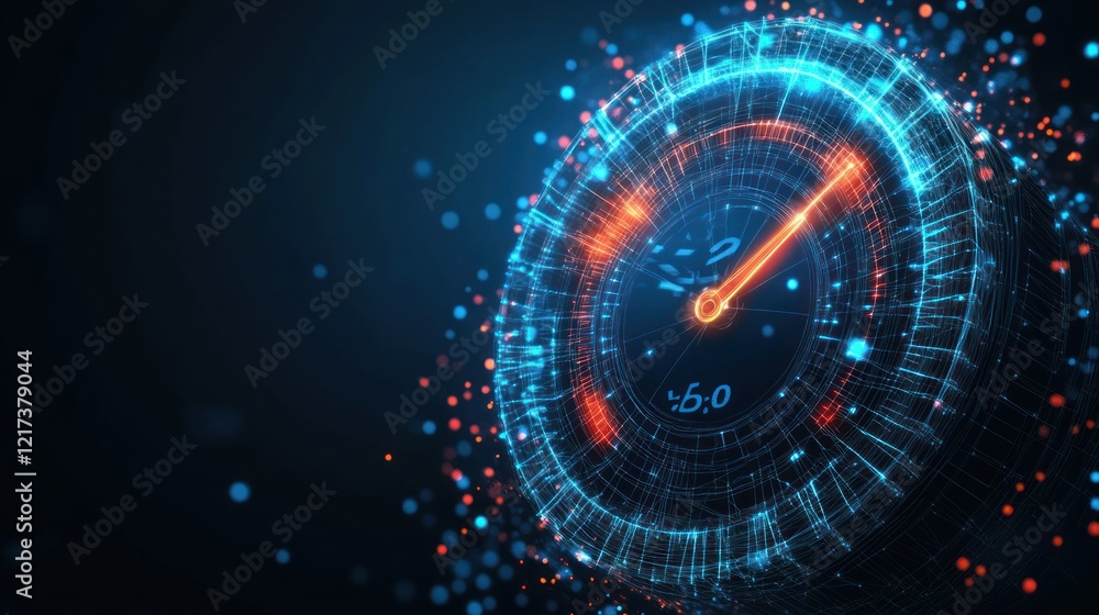Obraz premium Futuristic glowing speedometer reaching maximum speed.