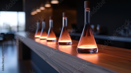 Row of glass decanters on a wooden bar counter. the bottles are arranged in a line and are lit from within, creating a warm glow. photo