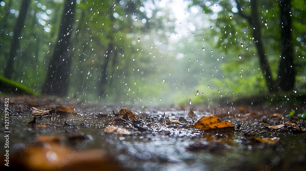 Fototapeta premium Rainy day in forest, close-up view of water droplets falling on ground with leaves.