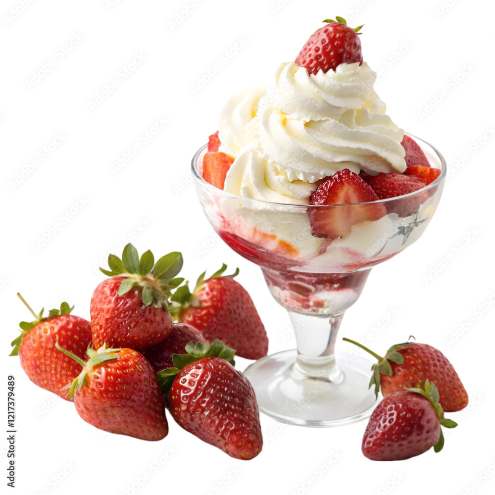 Strawberries and whipped cream in ice cream glass isolated on white background Strawberries and whipped cream in ice cream glass isolated on white background