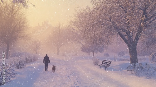 Winter Companionship Scene of a Person Walking a Dog in a Snowy Park photo