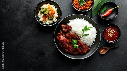 Rendang served with a side of nasi uduk coconut rice and sambal spicy chili paste for an authentic Indonesian meal photo