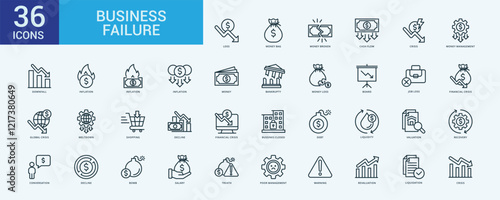 Business Failure icon collection set with loss, money bag, money broken, cash flow, crisis, money management, downfall, inflation, inflation, inflation