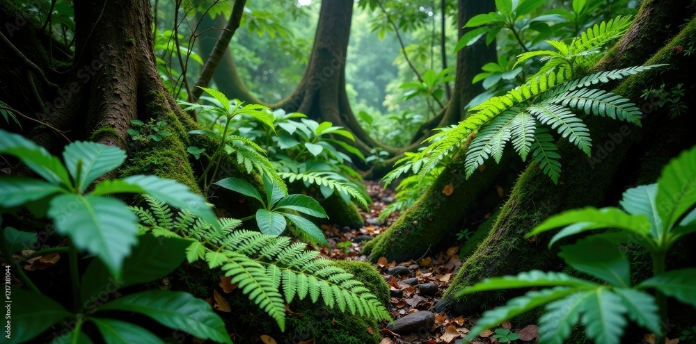 Fototapeta premium Ferns entwined with Philodendron wendlandii shrub, rainforest, dense foliage, philodendron wendlandii