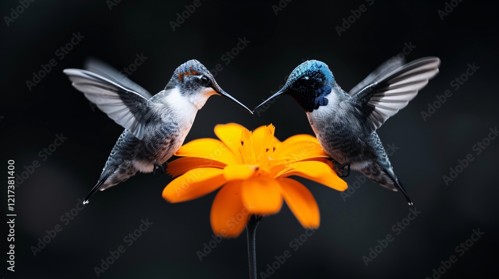 Fototapeta premium vibrant hummingbirds feeding on orange flower in nature scene