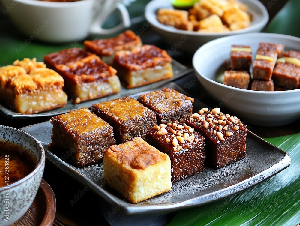 A festive spread featuring Kue Lapis Legit and Rendang, paired with traditional Indonesian side dishes A festive spread featuring Kue Lapis Legit and Rendang, paired with traditional Indonesian side dishes