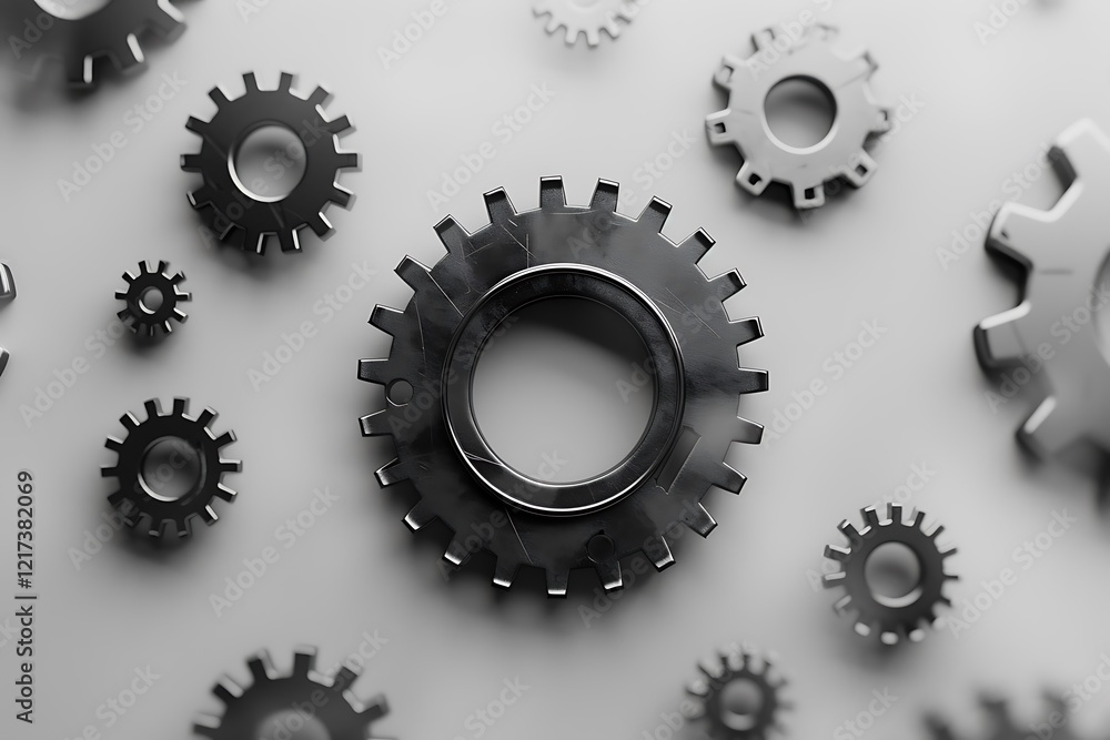 Closeup of various sized metallic gears scattered on a light grey background. The gears are interlocked and show intricate details. The image conveys themes of engineering, teamwork and precision. Closeup of various sized metallic gears scattered on a light grey background. The gears are interlocked and show intricate details. The image conveys themes of engineering, teamwork and precision.