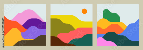 Set of abstract and colorful backgrounds. mountainous and minimalist landscapes with Boho and Mid-Century Modern aesthetics. Summer illustrations for your designs and layouts.