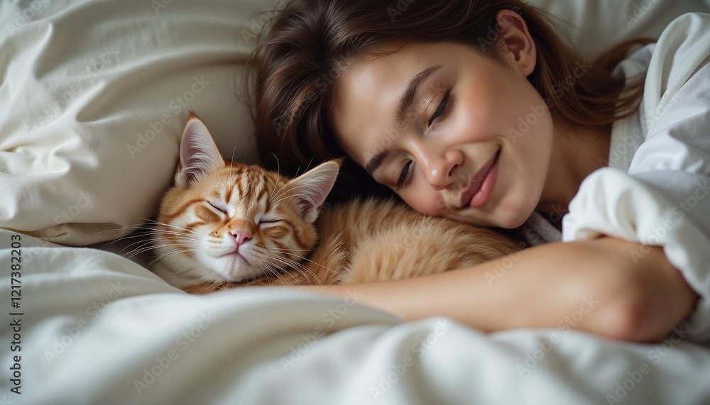 Young woman cuddling with her cute orange cat in a cozy bed with soft pillows Young woman cuddling with her cute orange cat in a cozy bed with soft pillows