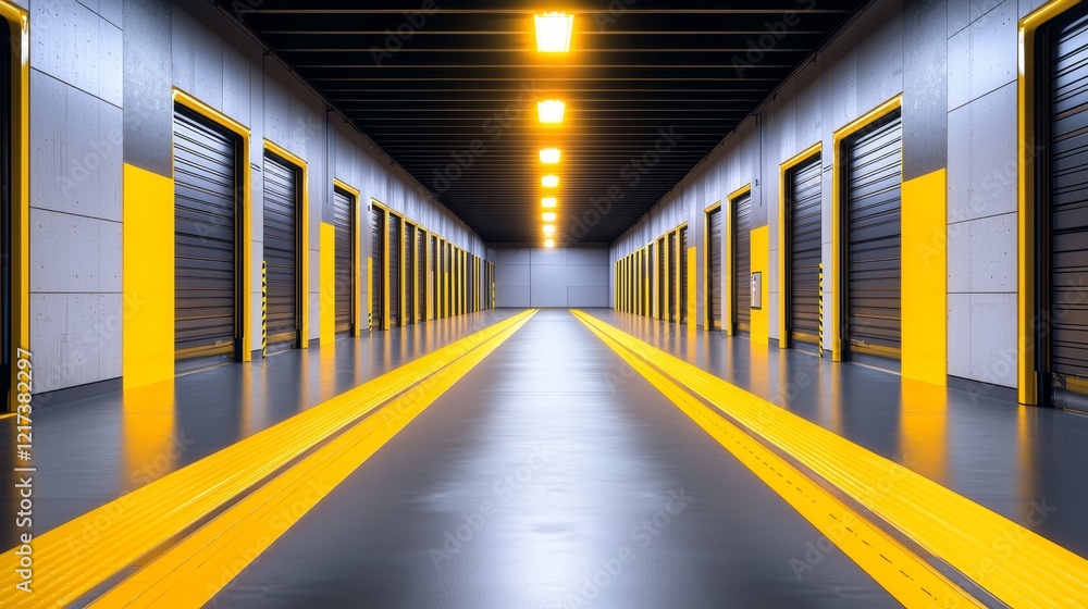 Fototapeta premium Long Industrial Corridor with Storage Units and Yellow Accents