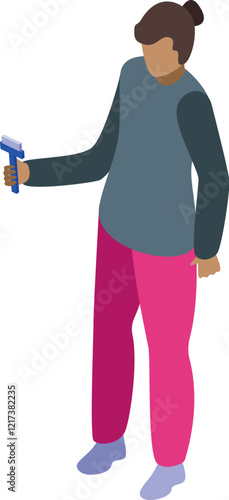 Woman is using lint roller for cleaning clothes, removing dust and fluff