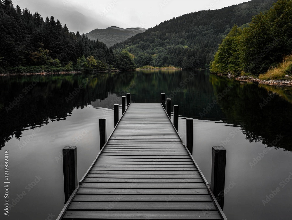 Naklejka premium Serene lake view with a wooden dock.