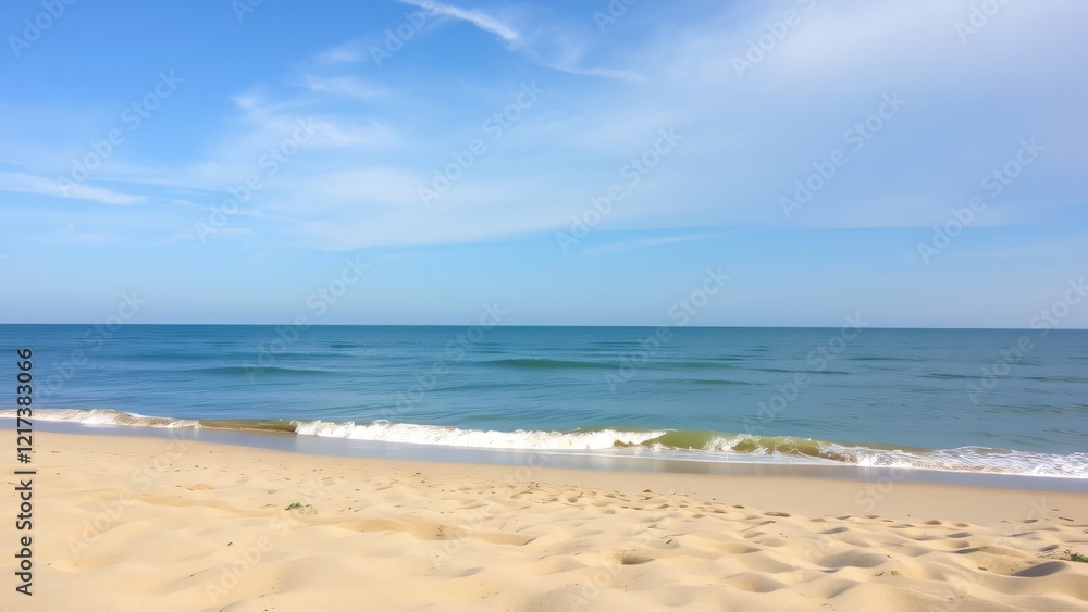 Serene Beach Scene Tranquil Ocean Waves on Sandy Shore under a Blue Sky Serene Beach Scene Tranquil Ocean Waves on Sandy Shore under a Blue Sky